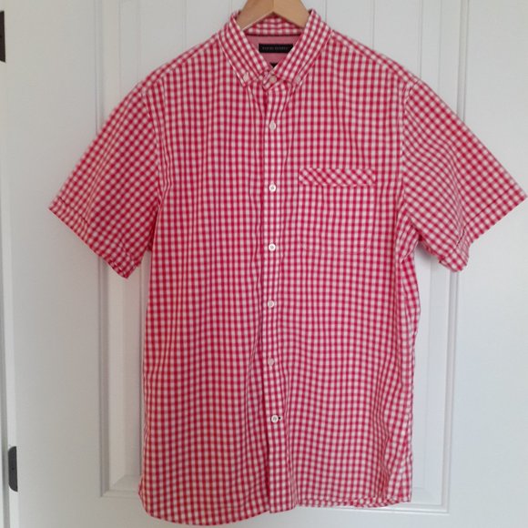 Banana Republic 100s 2-Ply Cotton Short Sleeve Button Down Red Check Size LT - Picture 1 of 9